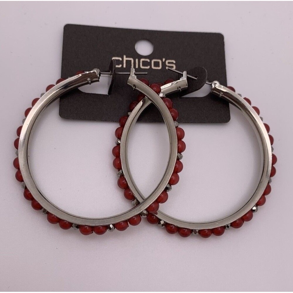 Chicos Earrings Red Beaded Hoop Silver Tone New